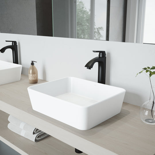 Matte Stone Marigold Composite Rectangular Vessel Bathroom Sink in White with Faucet and Pop-Up Drain in Matte Black