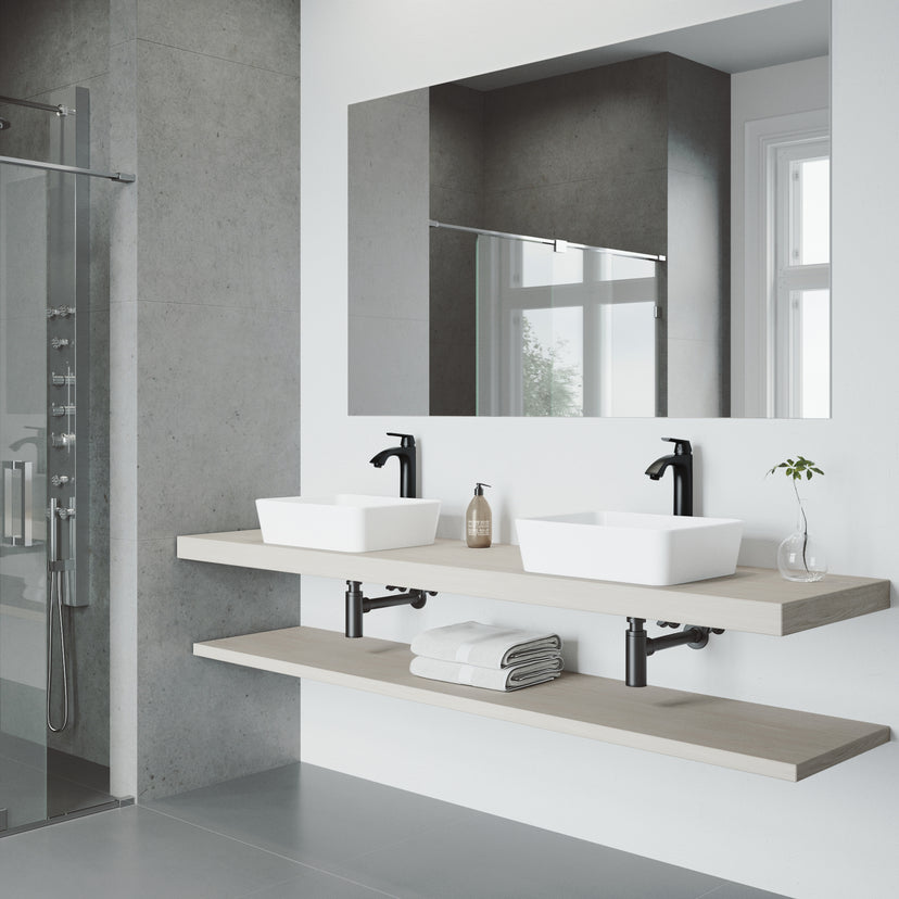 Matte Stone Marigold Composite Rectangular Vessel Bathroom Sink in White with Faucet and Pop-Up Drain in Matte Black