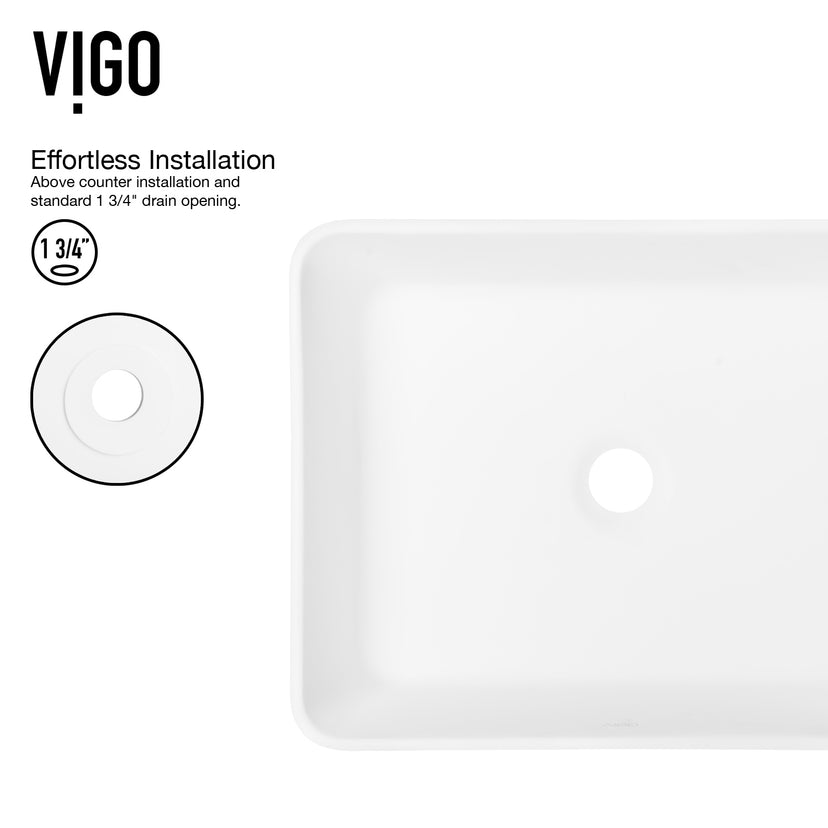Matte Stone Marigold Composite Rectangular Vessel Bathroom Sink in White with Faucet and Pop-Up Drain in Matte Black