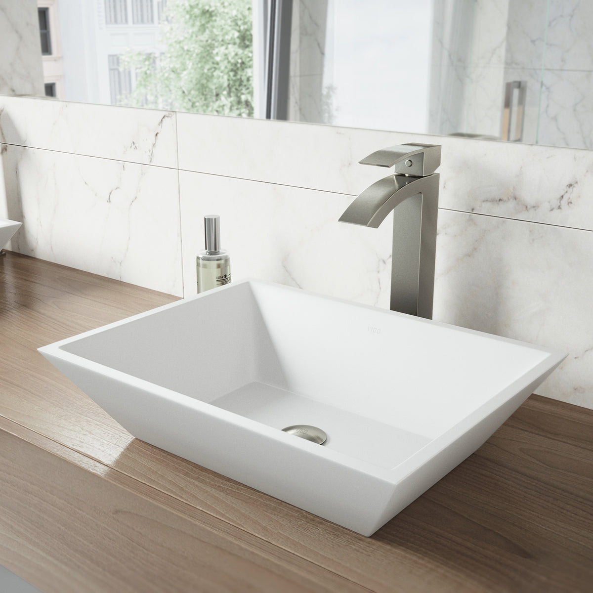 Matte Stone Vinca Composite Rectangular Vessel Bathroom Sink in White with Faucet and Pop-Up Drain in Brushed Nickel