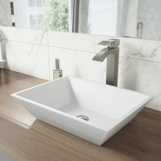 Matte Stone Vinca Composite Rectangular Vessel Bathroom Sink in White with Faucet and Pop-Up Drain in Brushed Nickel