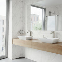 Matte Stone Vinca Composite Rectangular Vessel Bathroom Sink in White with Faucet and Pop-Up Drain in Brushed Nickel