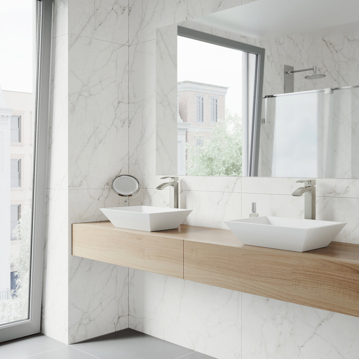 Matte Stone Vinca Composite Rectangular Vessel Bathroom Sink in White with Faucet and Pop-Up Drain in Brushed Nickel