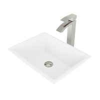 Matte Stone Vinca Composite Rectangular Vessel Bathroom Sink in White with Faucet and Pop-Up Drain in Brushed Nickel