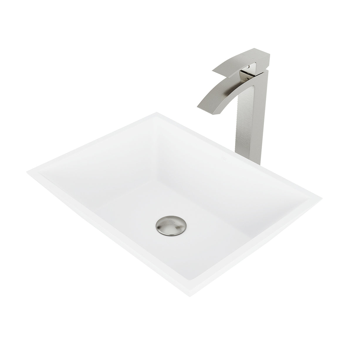 Matte Stone Vinca Composite Rectangular Vessel Bathroom Sink in White with Faucet and Pop-Up Drain in Brushed Nickel