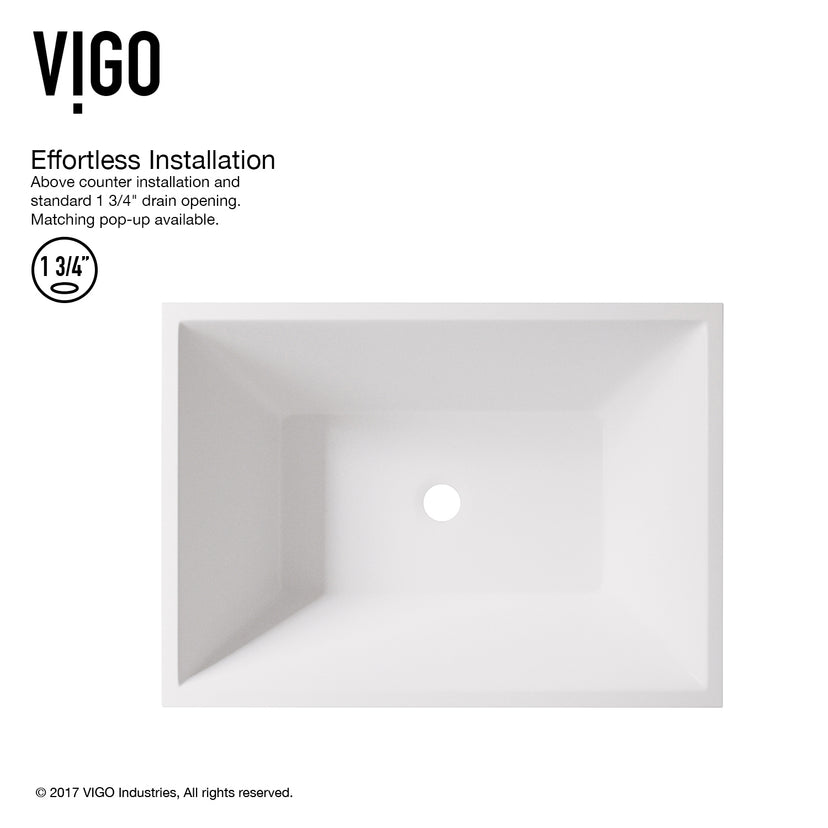 Matte Stone Vinca Composite Rectangular Vessel Bathroom Sink in White with Faucet and Pop-Up Drain in Brushed Nickel