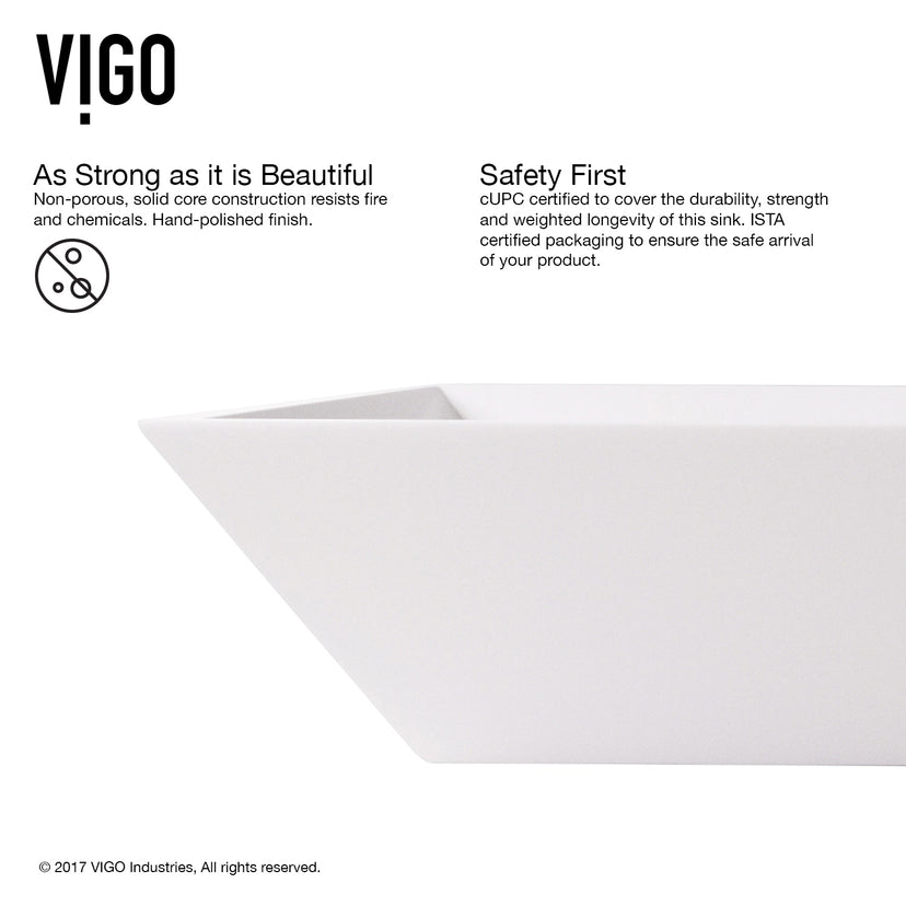 Matte Stone Vinca Composite Rectangular Vessel Bathroom Sink in White with Faucet and Pop-Up Drain in Brushed Nickel