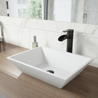 Matte Stone Vinca Composite Rectangular Vessel Bathroom Sink in White with Faucet and Pop-Up Drain in Antique Bronze