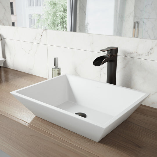 Matte Stone Vinca Composite Rectangular Vessel Bathroom Sink in White with Faucet and Pop-Up Drain in Antique Bronze