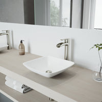 Matte Stone Hyacinth Composite Square Vessel Bathroom Sink in White with Niko Faucet and Pop-Up Drain in Brushed Nickel