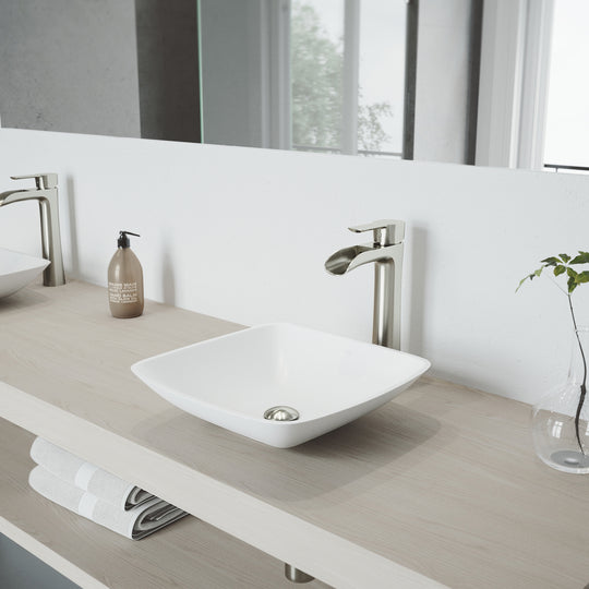 Matte Stone Hyacinth Composite Square Vessel Bathroom Sink in White with Niko Faucet and Pop-Up Drain in Brushed Nickel