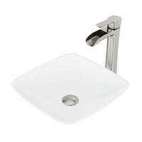 Matte Stone Hyacinth Composite Square Vessel Bathroom Sink in White with Niko Faucet and Pop-Up Drain in Brushed Nickel