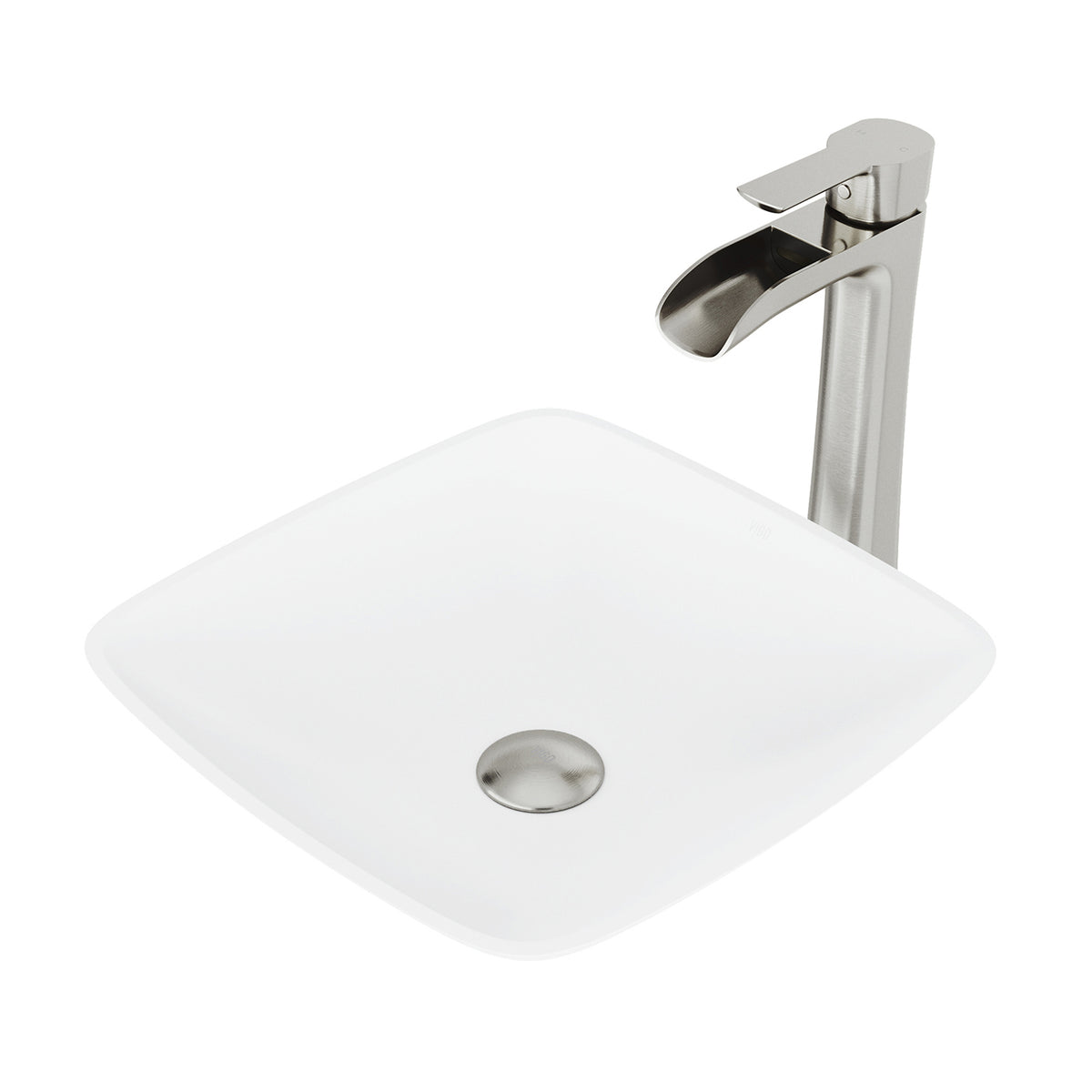 Matte Stone Hyacinth Composite Square Vessel Bathroom Sink in White with Niko Faucet and Pop-Up Drain in Brushed Nickel
