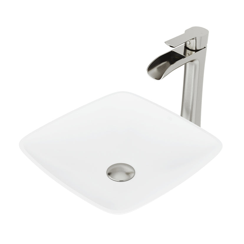 Matte Stone Hyacinth Composite Square Vessel Bathroom Sink in White with Niko Faucet and Pop-Up Drain in Brushed Nickel