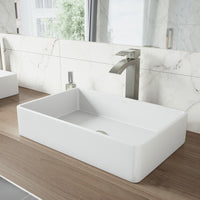 Matte Stone Magnolia Composite Rectangular Vessel Bathroom Sink in White with Faucet and Pop-Up Drain in Brushed Nickel
