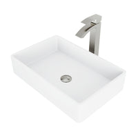 Matte Stone Magnolia Composite Rectangular Vessel Bathroom Sink in White with Faucet and Pop-Up Drain in Brushed Nickel
