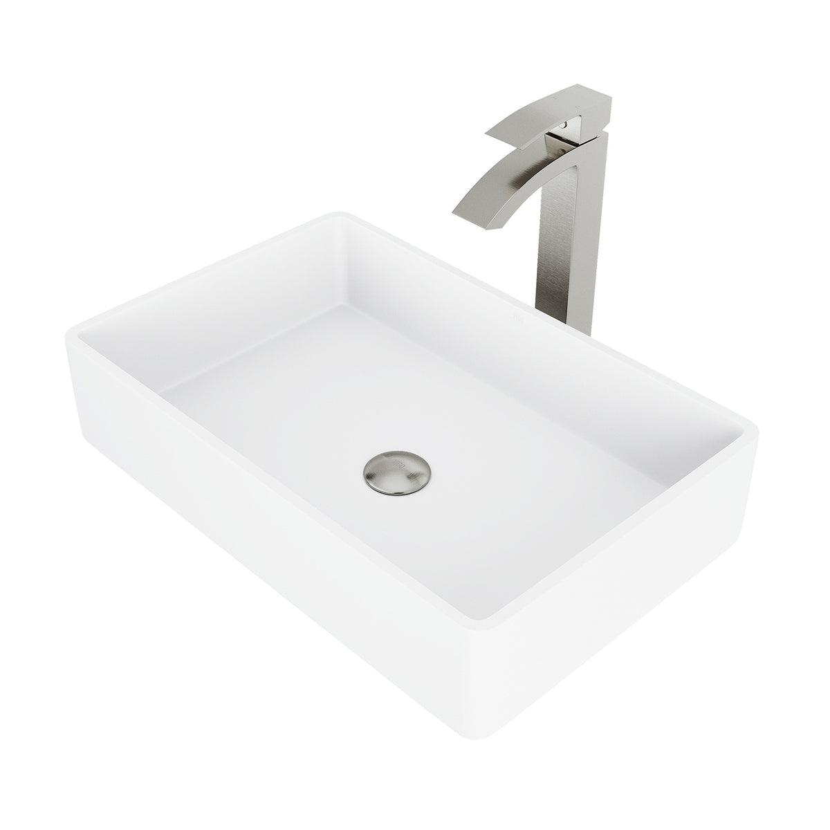 Matte Stone Magnolia Composite Rectangular Vessel Bathroom Sink in White with Faucet and Pop-Up Drain in Brushed Nickel