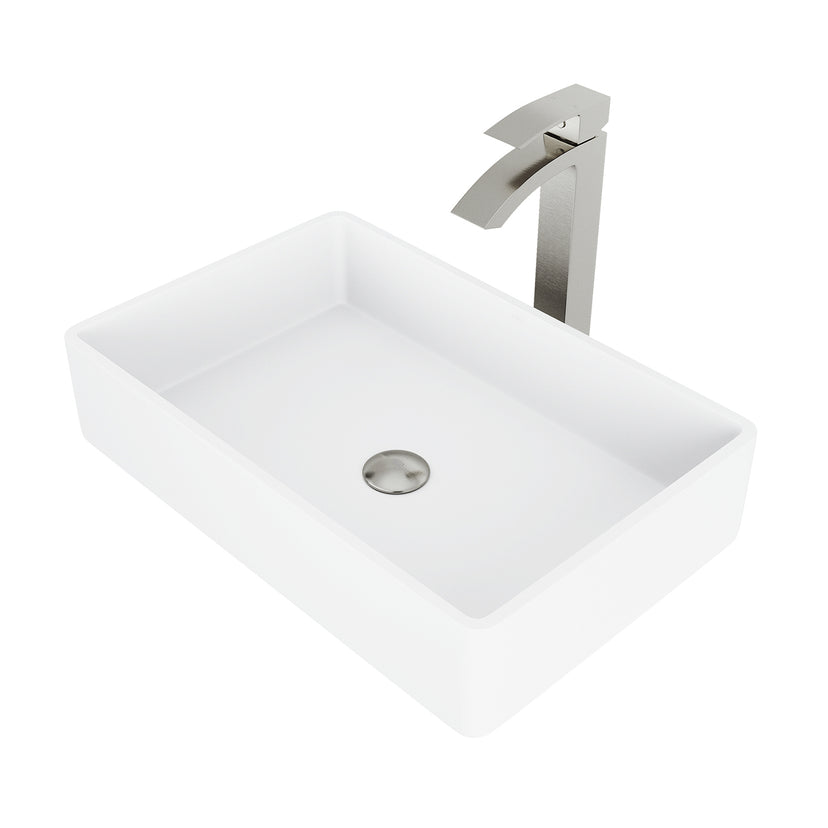 Matte Stone Magnolia Composite Rectangular Vessel Bathroom Sink in White with Faucet and Pop-Up Drain in Brushed Nickel