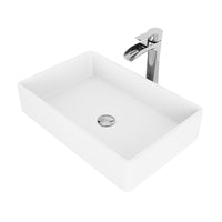 Matte Stone Magnolia Composite Rectangular Vessel Bathroom Sink in White with Niko Faucet and Pop-Up Drain in Chrome