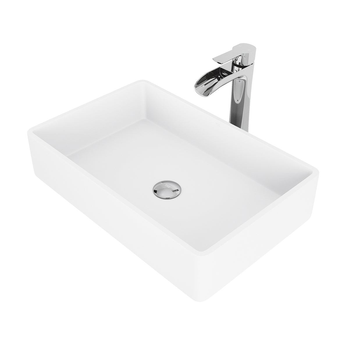 Matte Stone Magnolia Composite Rectangular Vessel Bathroom Sink in White with Niko Faucet and Pop-Up Drain in Chrome