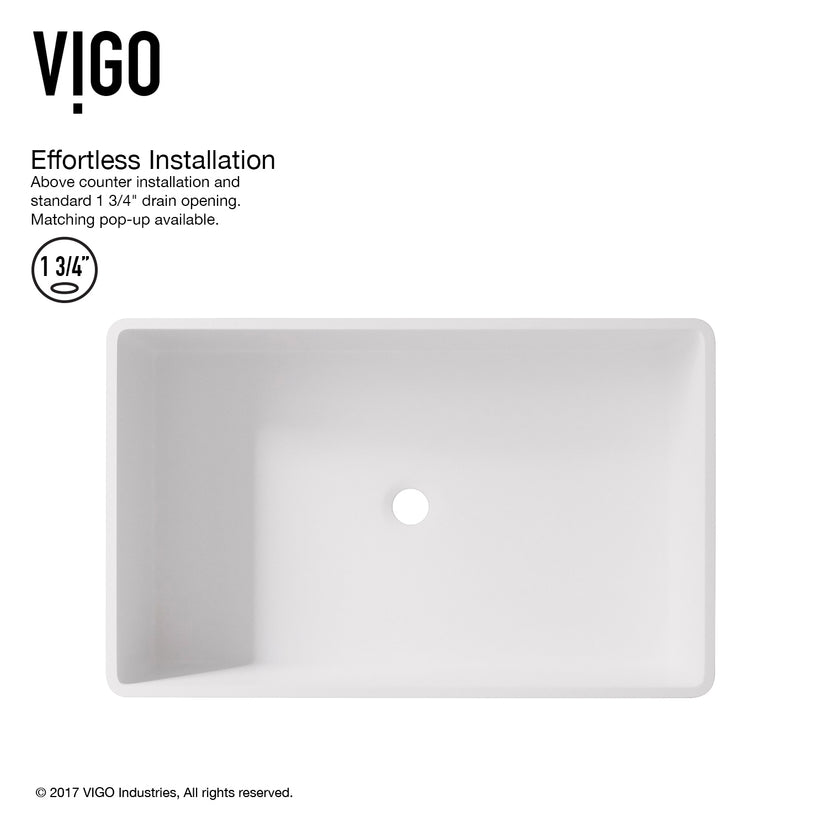 Matte Stone Magnolia Composite Rectangular Vessel Bathroom Sink in White with Niko Faucet and Pop-Up Drain in Chrome