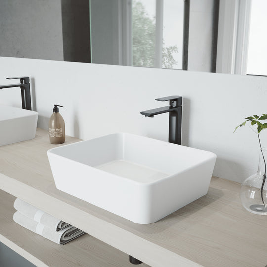 Matte Stone Marigold Composite Rectangular Vessel Bathroom Sink in White with Faucet and Pop-Up Drain in Matte Black