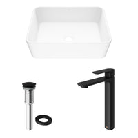 Matte Stone Marigold Composite Rectangular Vessel Bathroom Sink in White with Faucet and Pop-Up Drain in Matte Black