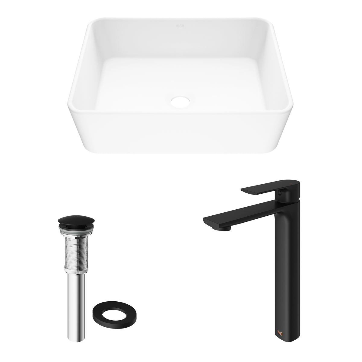 Matte Stone Marigold Composite Rectangular Vessel Bathroom Sink in White with Faucet and Pop-Up Drain in Matte Black