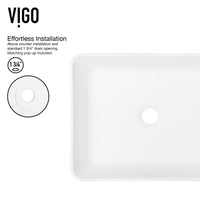Matte Stone Marigold Composite Rectangular Vessel Bathroom Sink in White with Faucet and Pop-Up Drain in Matte Black