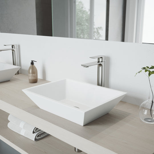 Matte Stone Vinca Composite Rectangular Vessel Bathroom Sink in White with Faucet and Pop-Up Drain in Brushed Nickel