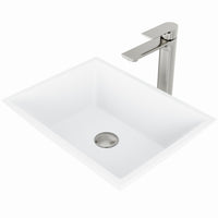 Matte Stone Vinca Composite Rectangular Vessel Bathroom Sink in White with Faucet and Pop-Up Drain in Brushed Nickel