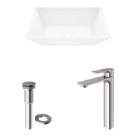 Matte Stone Vinca Composite Rectangular Vessel Bathroom Sink in White with Faucet and Pop-Up Drain in Brushed Nickel