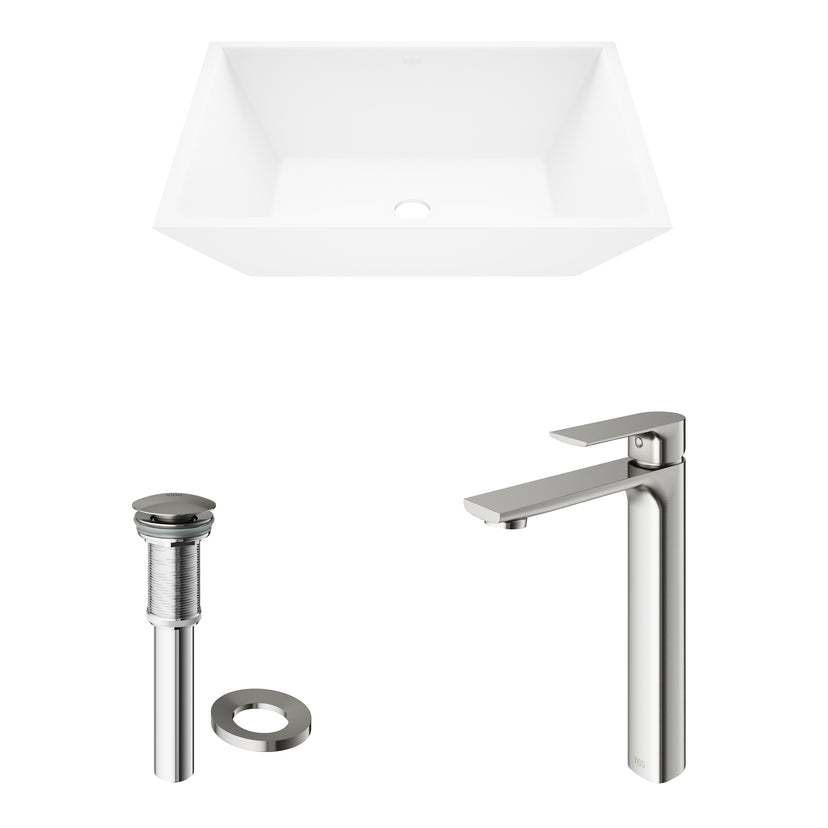 Matte Stone Vinca Composite Rectangular Vessel Bathroom Sink in White with Faucet and Pop-Up Drain in Brushed Nickel