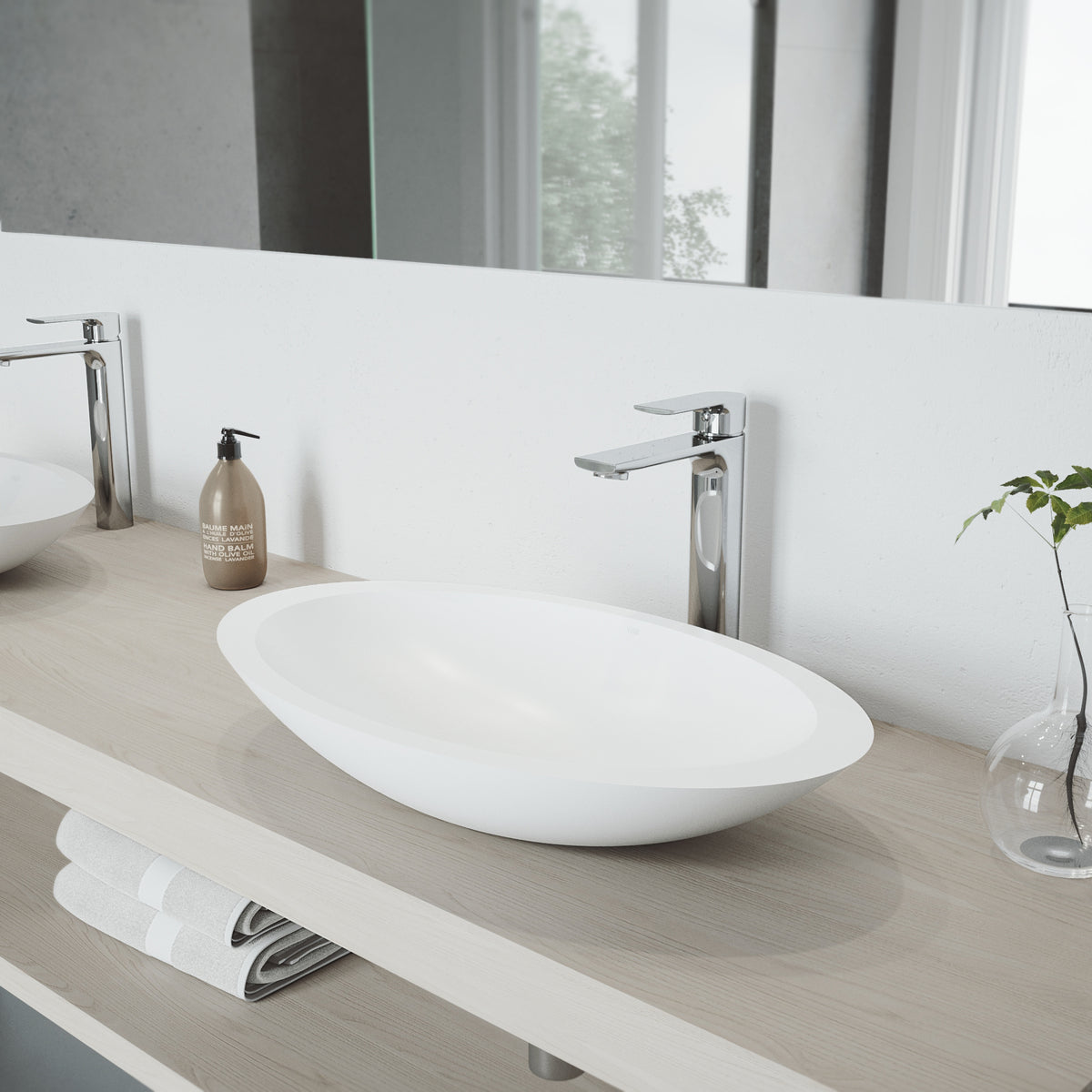 Matte Stone Wisteria Composite Oval Vessel Bathroom Sink in White with Norfolk Faucet and Pop-Up Drain in Chrome