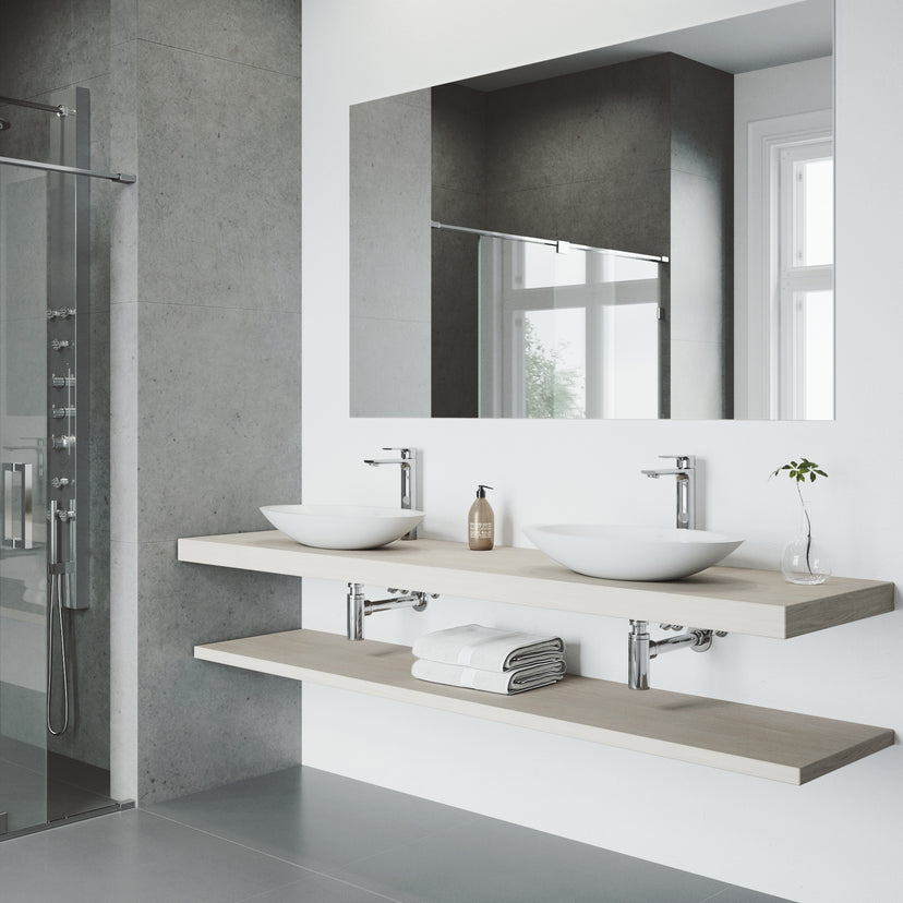 Matte Stone Wisteria Composite Oval Vessel Bathroom Sink in White with Norfolk Faucet and Pop-Up Drain in Chrome