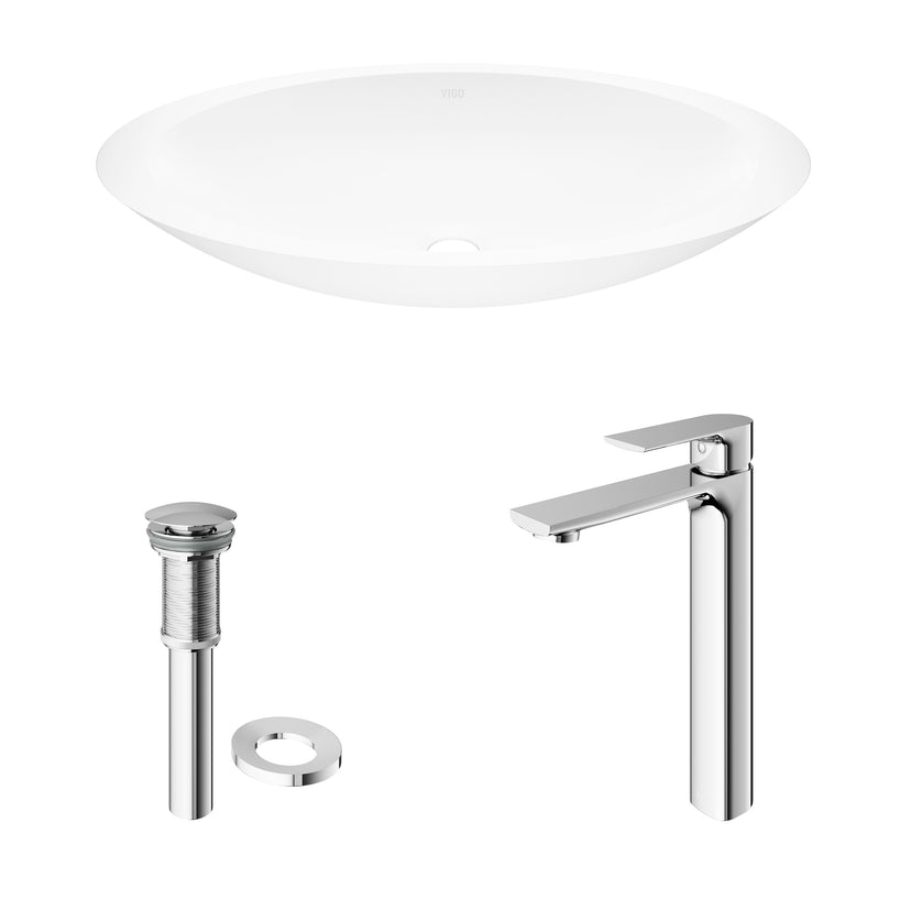 Matte Stone Wisteria Composite Oval Vessel Bathroom Sink in White with Norfolk Faucet and Pop-Up Drain in Chrome