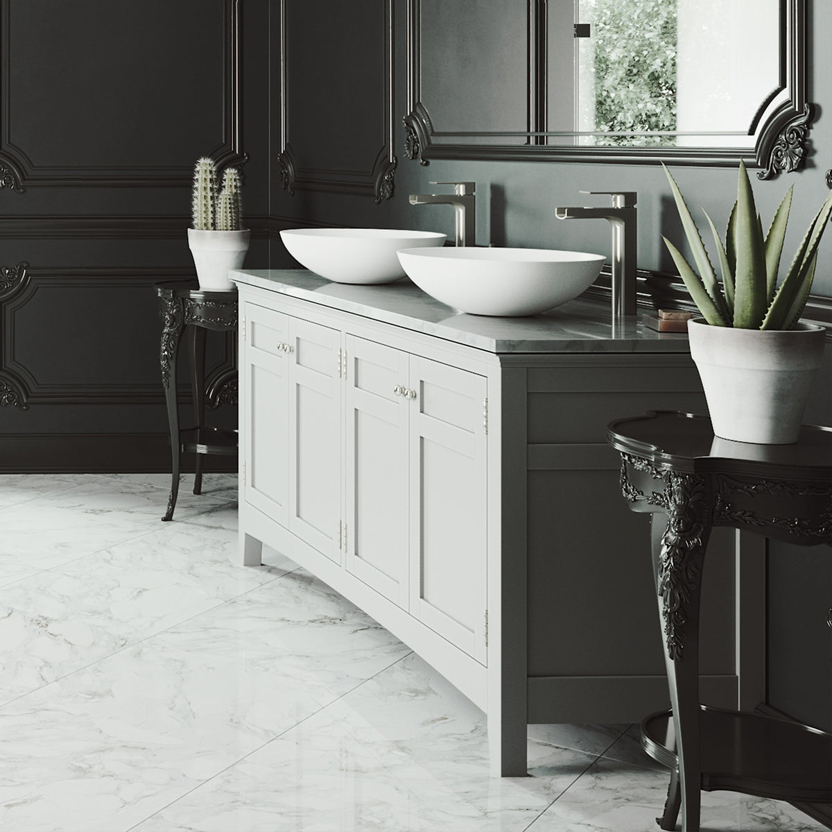 Matte Stone Lotus Composite Round Vessel Bathroom Sink in White with Amada Faucet in Brushed Nickel and Pop-Up Drain