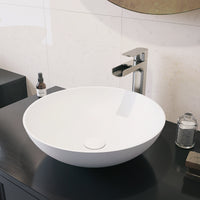 Matte Stone Lotus Composite Round Vessel Bathroom Sink in White with Amada Faucet in Brushed Nickel and Pop-Up Drain