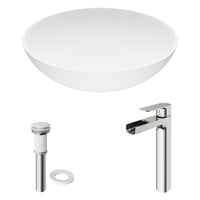 Matte Stone Lotus Composite Round Vessel Bathroom Sink in White with Amada Faucet in Brushed Nickel and Pop-Up Drain