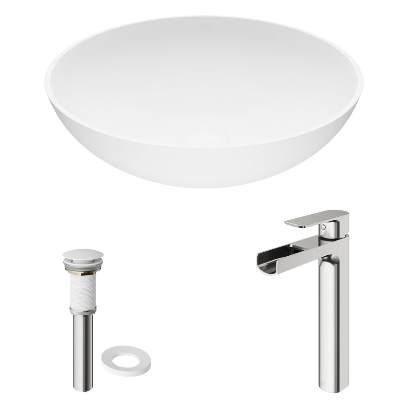 Matte Stone Lotus Composite Round Vessel Bathroom Sink in White with Amada Faucet in Brushed Nickel and Pop-Up Drain