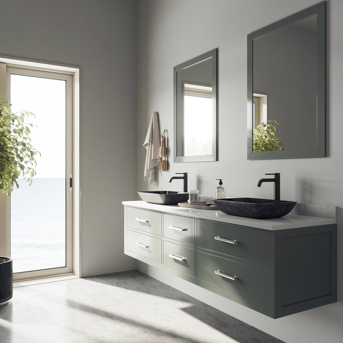 Glass Rectangular Vessel Bathroom Sink in Onyx Gray with Lexington Faucet and Pop-Up Drain in Matte Black