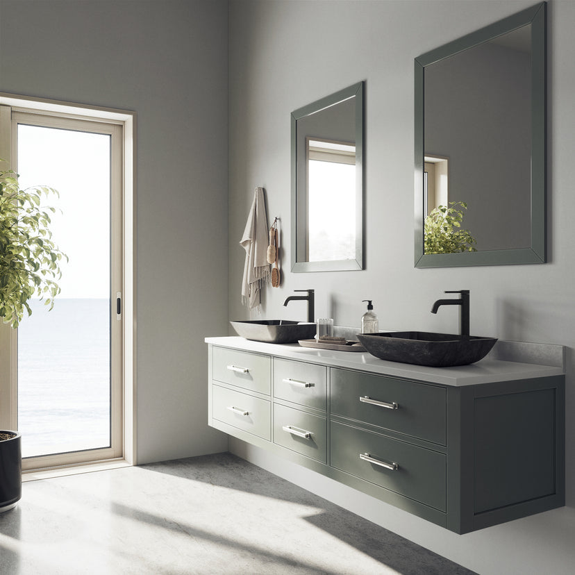 Glass Rectangular Vessel Bathroom Sink in Onyx Gray with Lexington Faucet and Pop-Up Drain in Matte Black