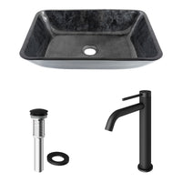 Glass Rectangular Vessel Bathroom Sink in Onyx Gray with Lexington Faucet and Pop-Up Drain in Matte Black