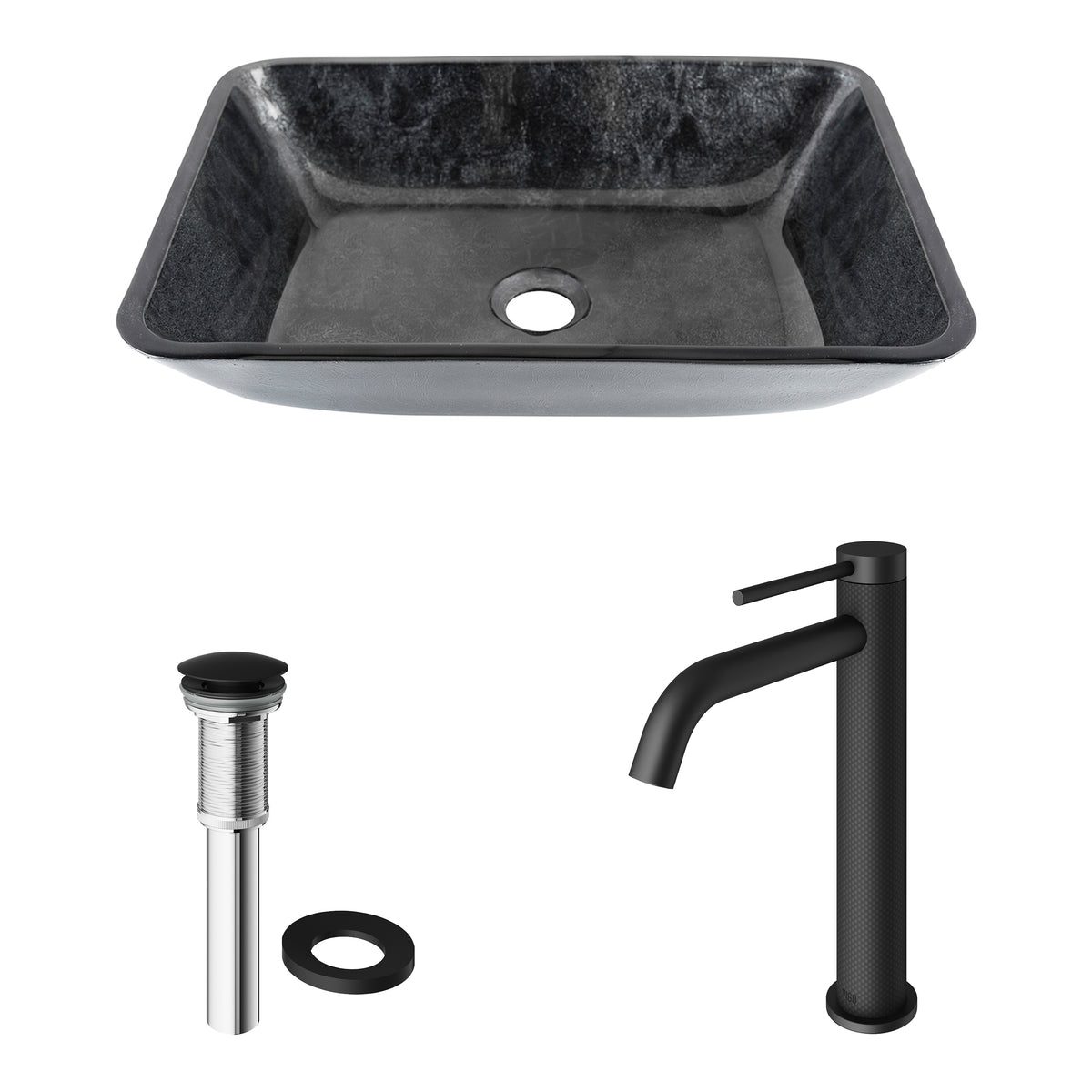 Glass Rectangular Vessel Bathroom Sink in Onyx Gray with Lexington Faucet and Pop-Up Drain in Matte Black