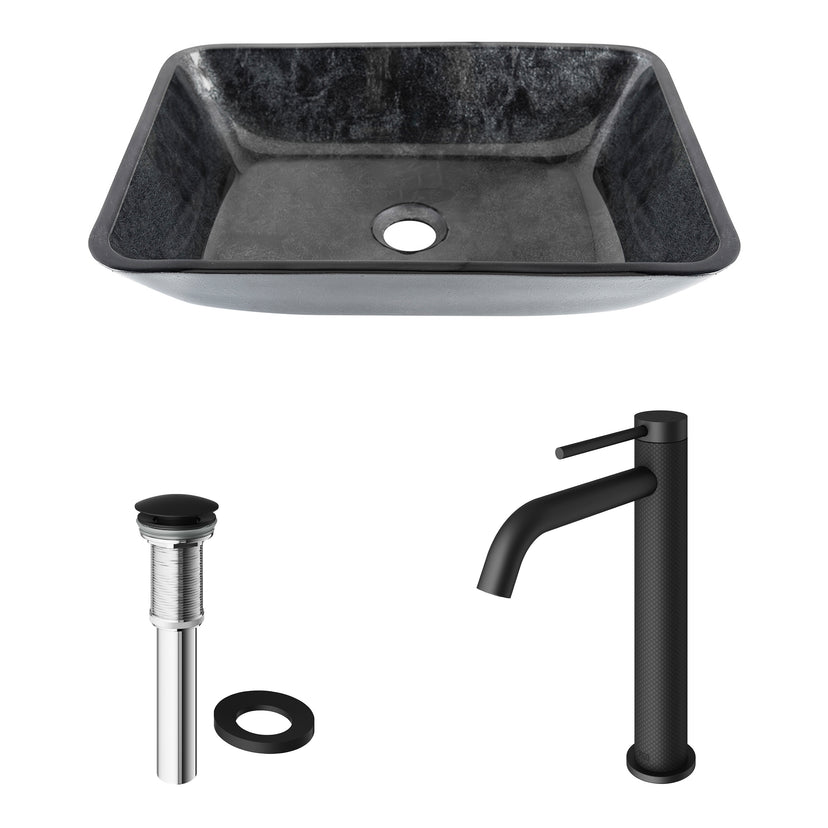 Glass Rectangular Vessel Bathroom Sink in Onyx Gray with Lexington Faucet and Pop-Up Drain in Matte Black