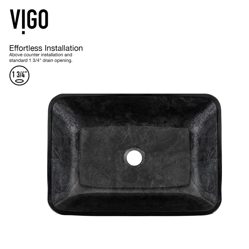 Glass Rectangular Vessel Bathroom Sink in Onyx Gray with Lexington Faucet and Pop-Up Drain in Matte Black
