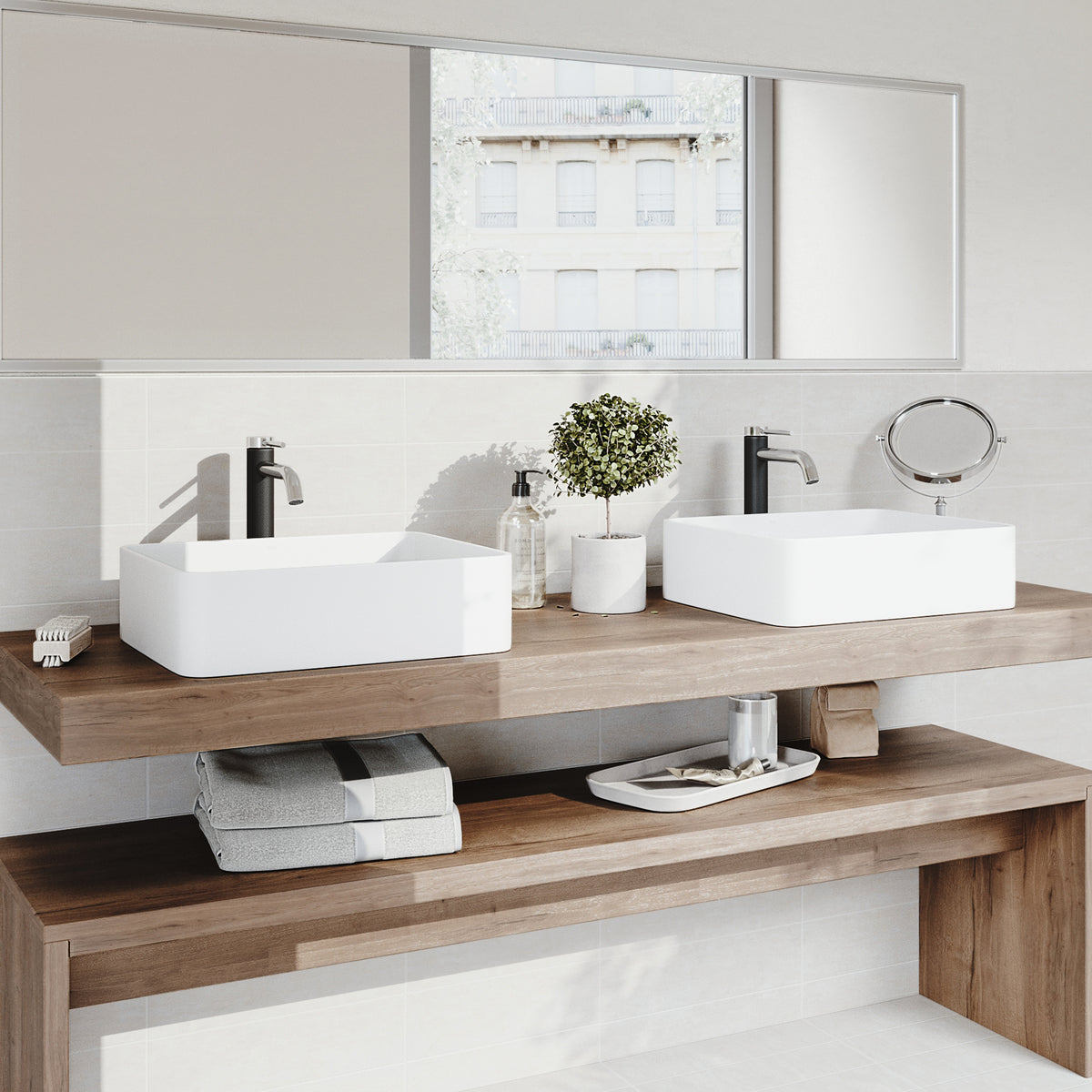 Matte Stone Jasmine Composite Rectangular Vessel Bathroom Sink in White with Lexington Faucet in Chrome and Pop-Up Drain