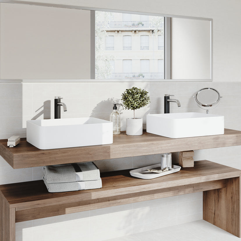 Matte Stone Jasmine Composite Rectangular Vessel Bathroom Sink in White with Lexington Faucet in Chrome and Pop-Up Drain