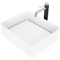 Matte Stone Jasmine Composite Rectangular Vessel Bathroom Sink in White with Lexington Faucet in Chrome and Pop-Up Drain