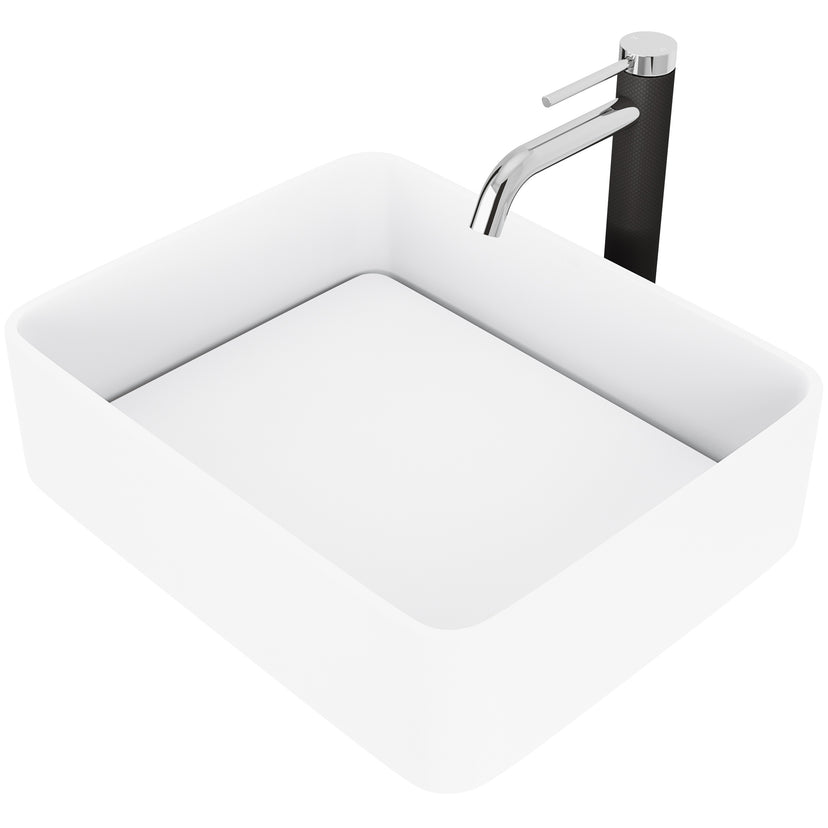 Matte Stone Jasmine Composite Rectangular Vessel Bathroom Sink in White with Lexington Faucet in Chrome and Pop-Up Drain
